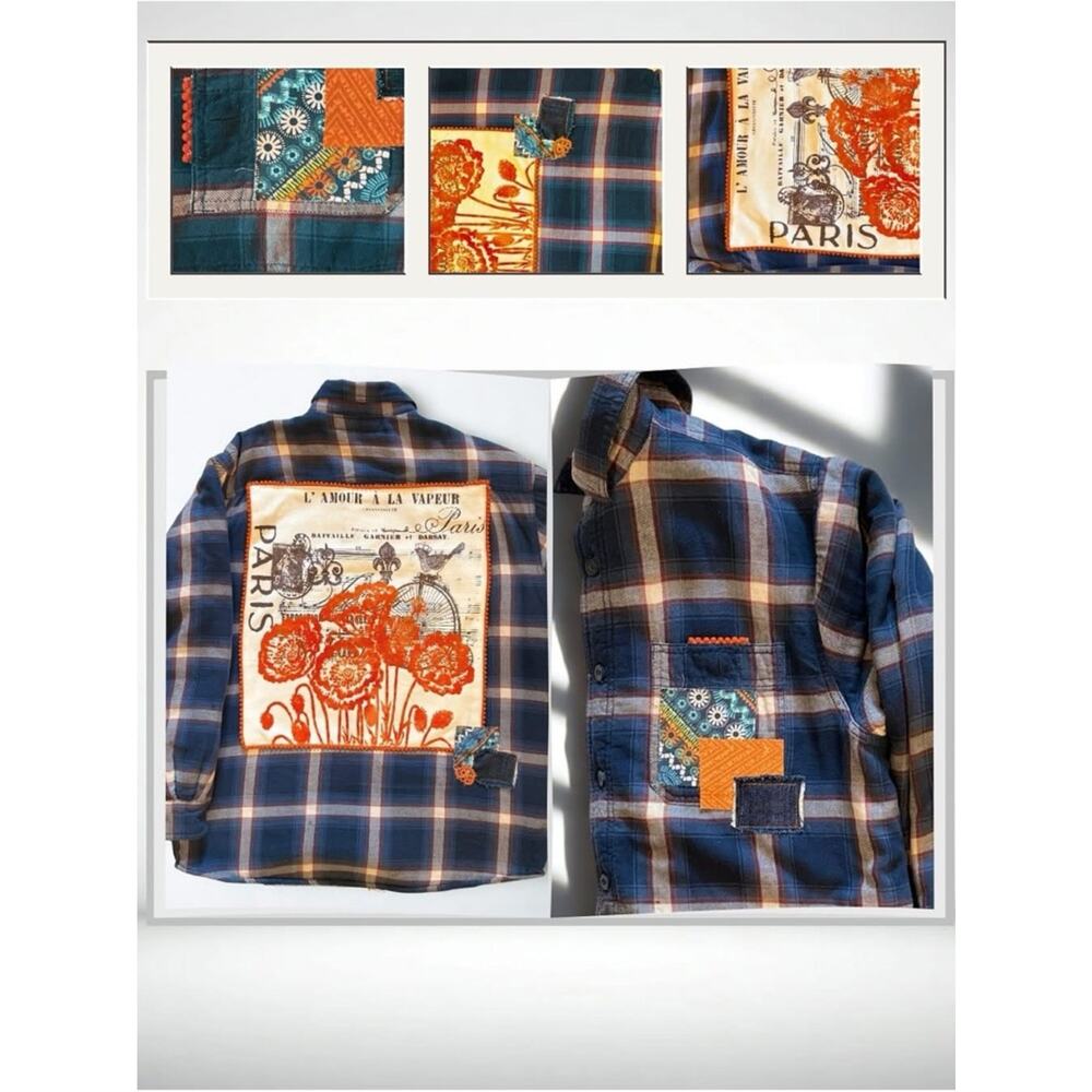 🎨 One-of-a-Kind Upcycled Paris Patchwork Flannel Shacket - Hand-Stitched